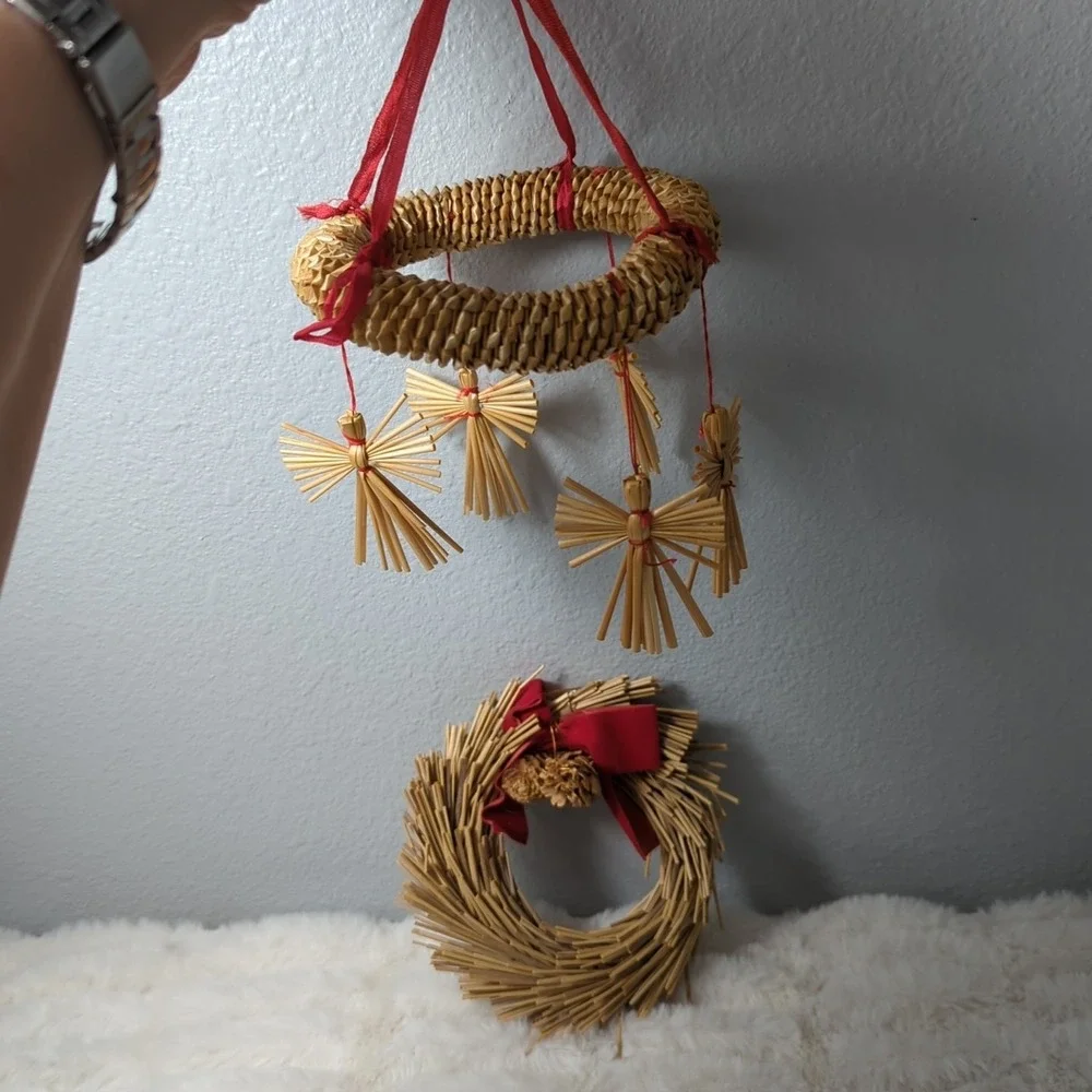 Scandinavian Braided Straw Christmas Mobile  Swedish Angels and‎ Wreath